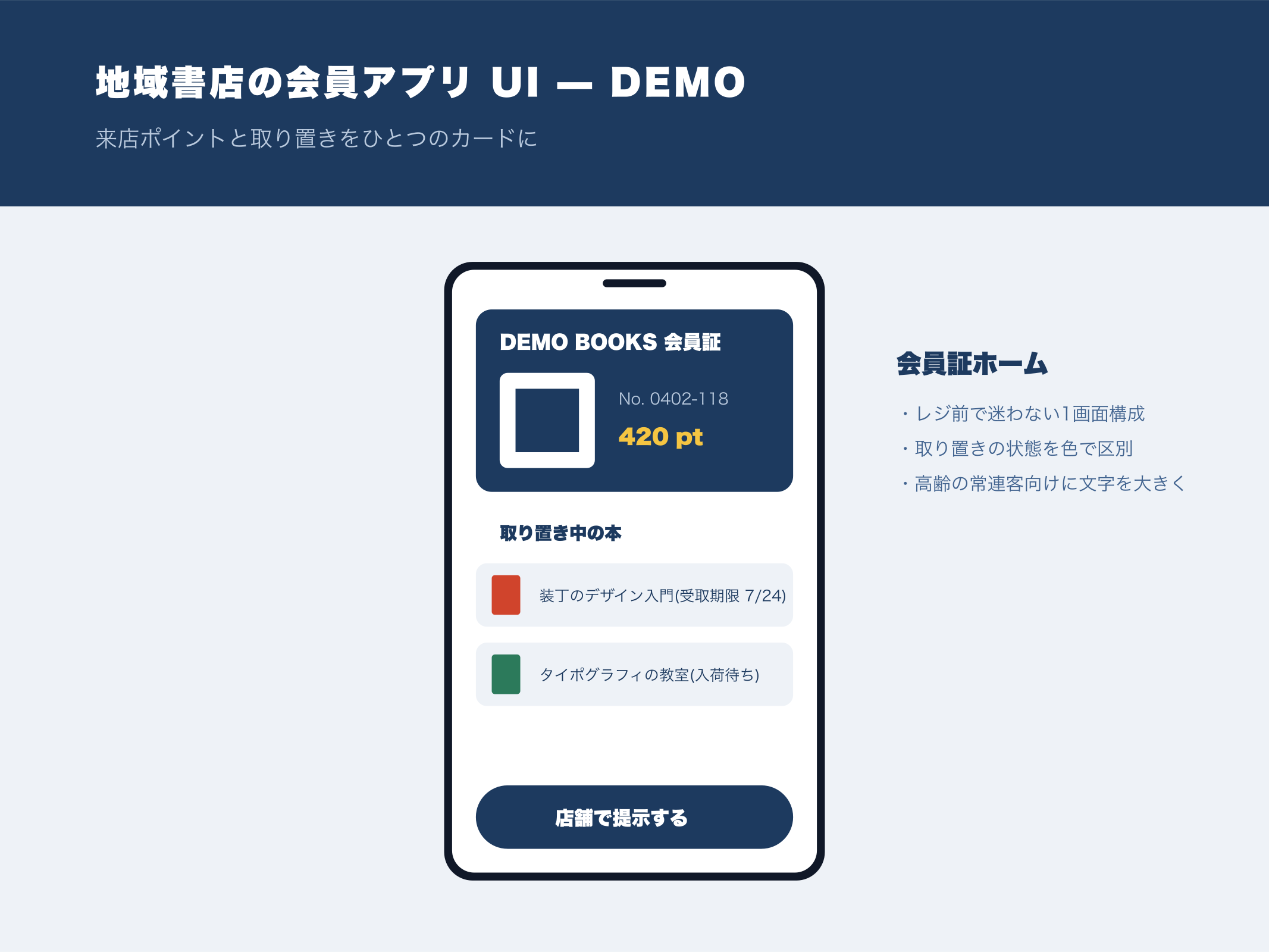地域書店の会員アプリの会員証ホーム画面。ポイントと取り置き状況をひとつのカードにまとめたデモ画像
